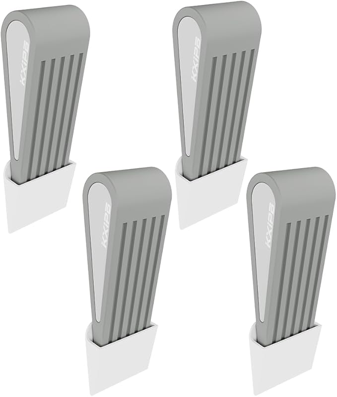 4 Pack Rubber Door Stopper Wedge - Grey Non-Slip Soft TPR High-Elastic & Zinc Alloy Metal Material Door Stops for Bottom of Heavy Duty Door Wall Protector for Home & School with Self Adhesive Holder