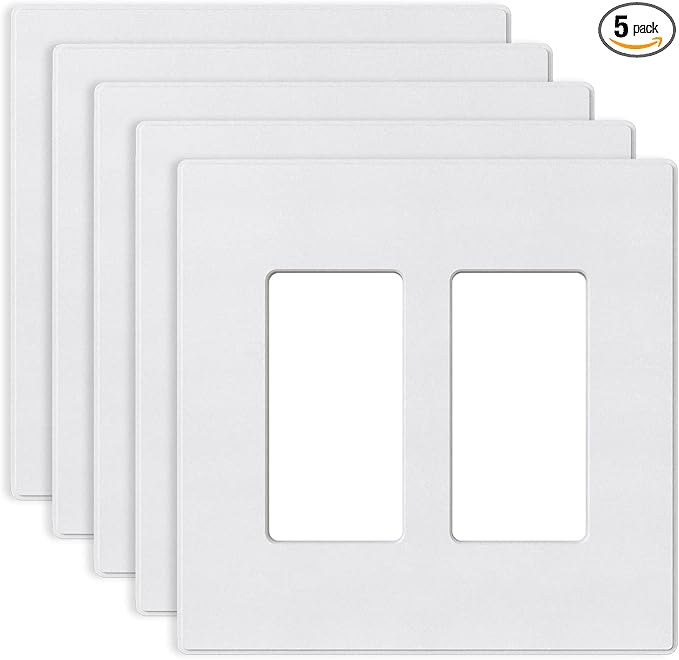 ELEGRP 2-Gang Screwless Decorative Wall Plates, Mid-Size 4.88" height x 4.94" length Unbreakable Thermoplastic Faceplate Cover for Decorator Receptacle Outlet & Switch, UL Listed (5 Pack, Matte White)