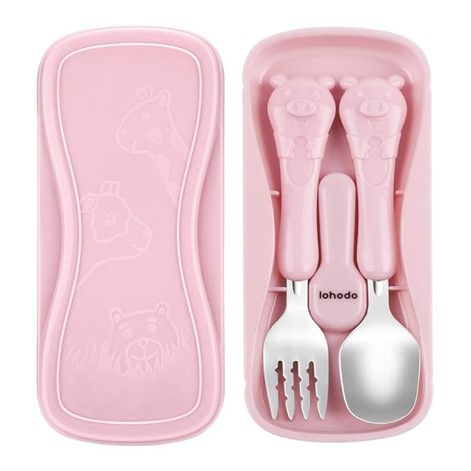 Toddler Utensils Kids Spoon and Fork Set 18/8 Stainless Steel Silverware BPA Free Cute Pig Child Flatware with Travel Case for Age 3+