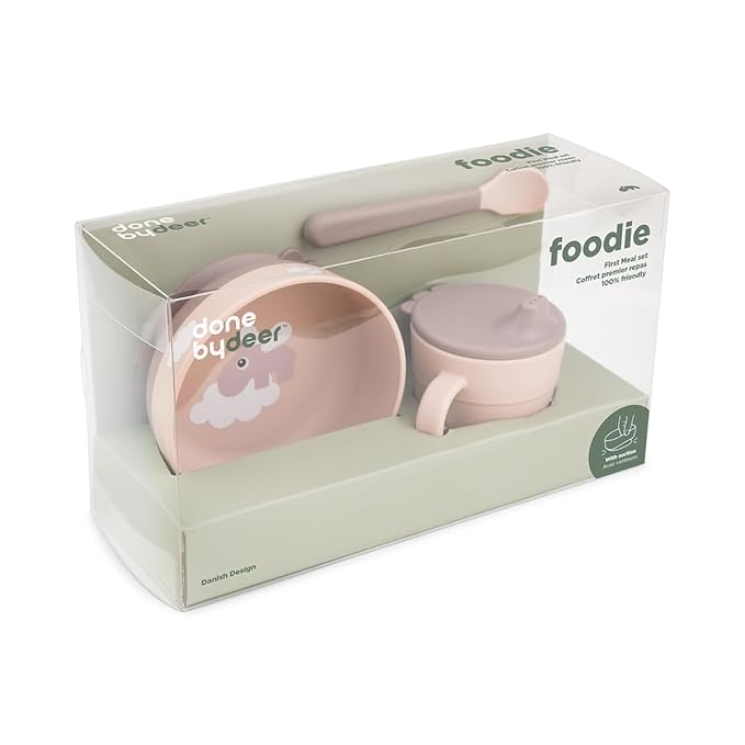 Done by Deer Foodie First Meal Set with Suction Base – Bowl, 2-Handle Spout Cup & Spoon – Happy Clouds Design in Powder – Baby Feeding Set for New Eaters – Dishwasher & Microwave Safe