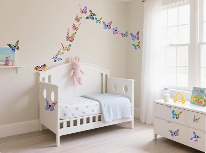 JOSDIOX 3D Reflective Dot - Patterned Rainbow Butterfly Wall Stickers - 48 Pcs with 4 Styles & 3 Sizes, Removable Decor for Party Birthday Wedding Cake Balloon Decoration (48 Rainbow)