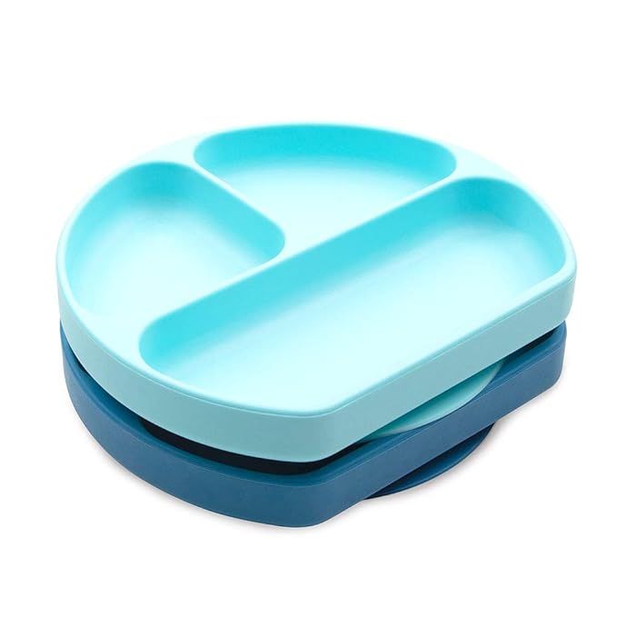 Bumkins Toddler and Baby Suction Plate, Silicone Divided Grip Dish for Babies and Kids, Baby Led Weaning, Children Feeding Supplies, Non Skid Bottom, Platinum Silicone, 6 Mos Up, Blue and Dark Blue