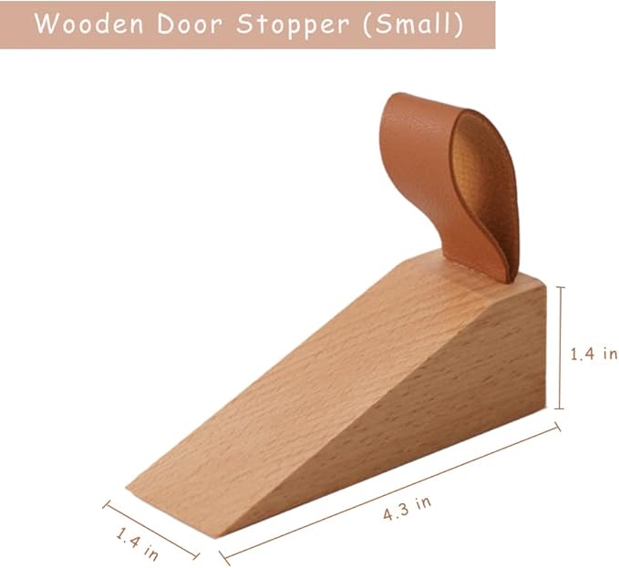 Wooden Door Stopper Non-Slip Security Wood Door Wedge with Leather Strap for Hanging Door Stopper 1Pack, in House Bedroom Office Living Room Hotel Cabin