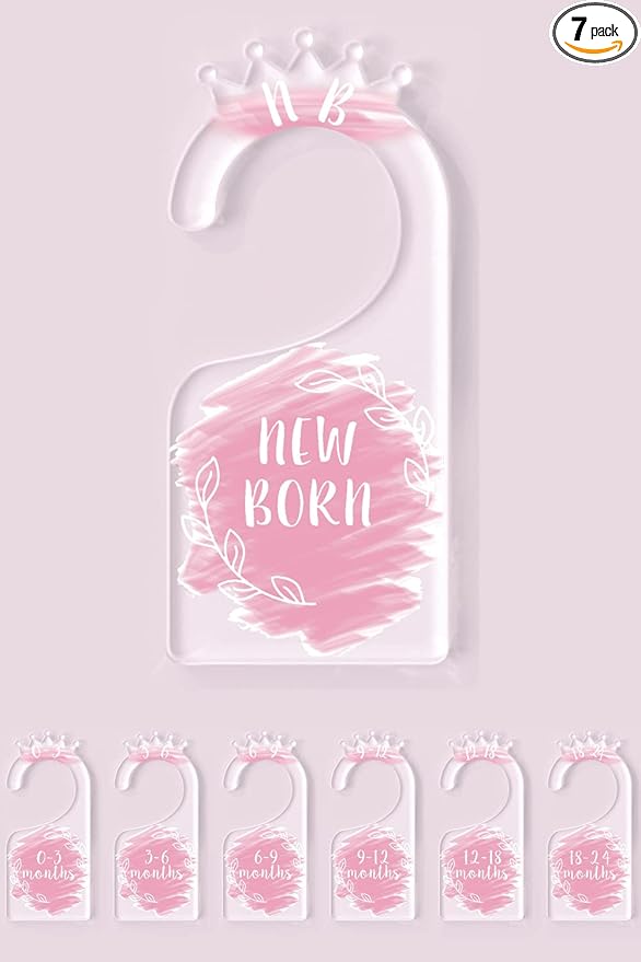 OneDream Baby Closet dividers Hanger separators - Set of 7 Baby Clothes dividers for Closet from Newborn to 24 Months, Acrylic Infant Clothes Divider (Pink)