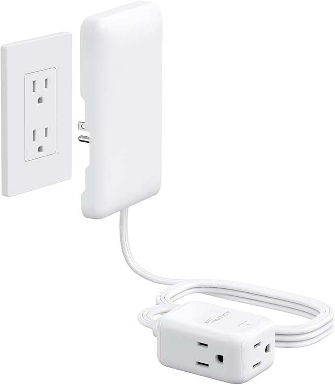6 Feet Extension Cord with 3 Outlets, Low Profile Flat Wall Plug & Outlet Cover Concealer, 900J Surge Protection, 13A/1625W, ETL Listed, Fits Behind Furniture, Bed, Dresser, Shelf, TV, White