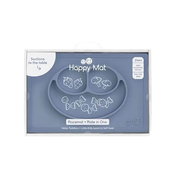 ezpz Happy Mat - 24 Months+ (Indigo) - 100% Silicone Suction Plate with Built-in Placemat for Toddlers + Preschoolers - Divided Toddler Plates - Toddler Essentials