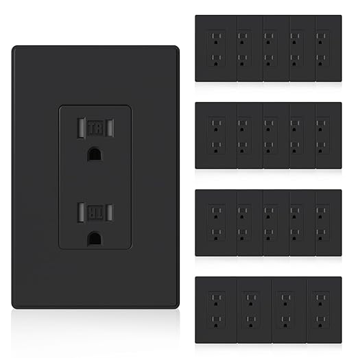 ELEGRP Matte Black Decorator Wall Receptacle Outlets, Tamper Resistant 15 Amp Standard Electrical Wall Outlet, Residential Grade, Self-grounding, 125V, Mid Size Wall Plate Included, UL Listed, 20 Pack