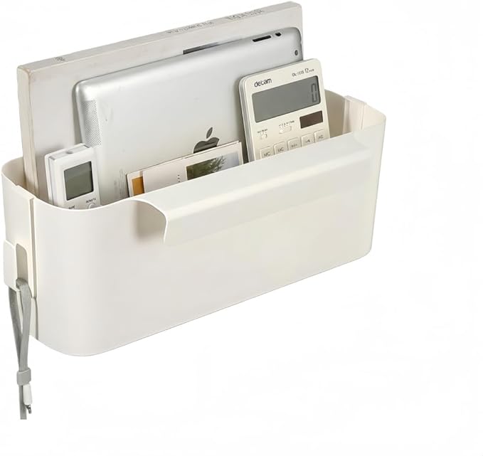 Bedside Caddy Hanging Basket Organizer with Hooks Dorm Bunk Beds Shelf Night Table Storage Holder for Remote Controls Magazines Phone Glasses Bottle (White)