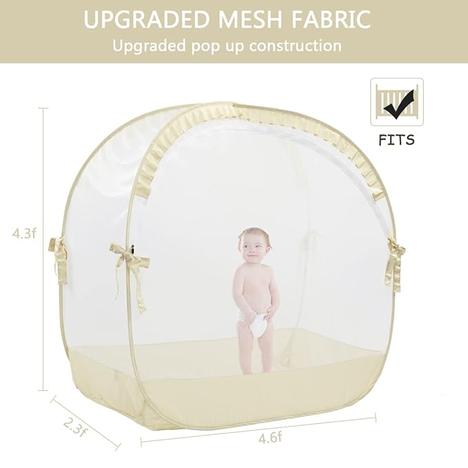 L RUNNZER Baby Safety Crib Tent, Pop Up Canopy for Crib to Stop Baby from Climbing Out, Infant Mesh Cover Mosquito Net with Sturdy Frame & Soft Mesh, Beige, (R07-beige)