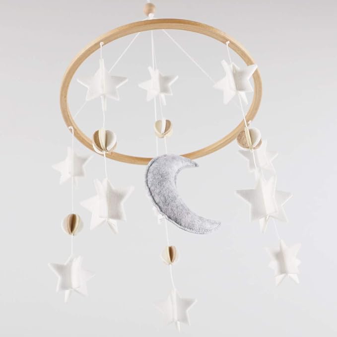 Baby Crib Mobile – Wooden Hanging Nursery Baby Mobile for Crib, Nursery Decor for Boys & Girls, Perfect Shower Gift, Moon & Stars (Grey, White & Cream) Also Fits Bassinets, Sorrel + Fern