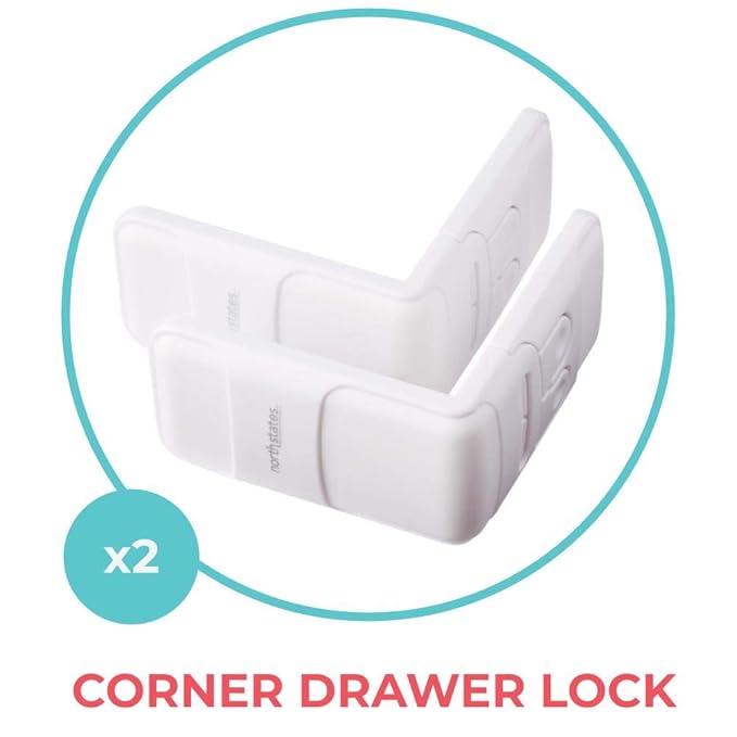 Toddleroo by North States - Corner Drawer Locks for Baby Proofing: Child Proof Drawer Locks - 2 Pack - White