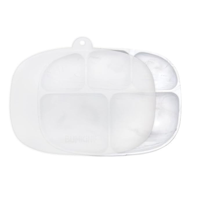 Bumkins Toddler and Baby Suction Plate, Silicone Divided Grip Dish and Lid, Large 5-Section Tray for Kids, Essentials in Children Feeding Supplies, Non Skid Stick Bottom, for Ages 6 Months Up, Marble