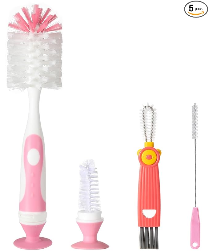 Ariseno 4-in-1 Baby Bottle Brush Set, Including Nylon Bottle Brush, Cap, Straw, Nipple Brushes, BPA-Free (Pink)
