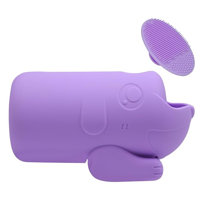 mandoo Faucet Extender for Toddlers, Bath Spout Cover for Baby, Bathtub Faucet Cover for Baby, Toddler Bath Silicone Shower Toys,Head Protector for Kids Safety.（Purple+Brush）