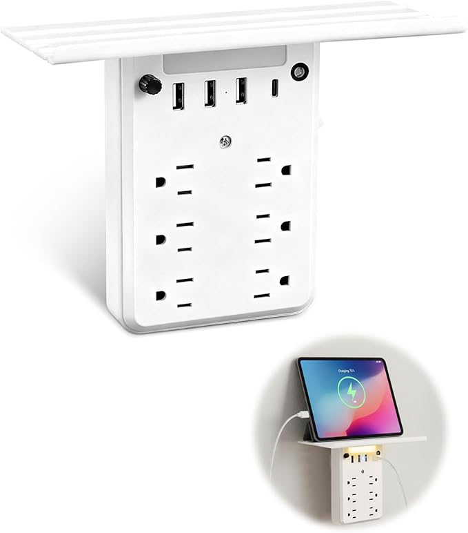 Saker Multi-Plug Outlet with Night Light,Wall Outlet Extender Surge Protector with 6 AC Outlets, 4 USB Ports(1 USB C), Overtop Power Charger with Outlet Shelf for Homes and Dormitories