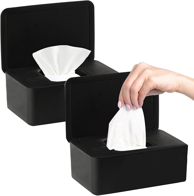 QBXMY7 2Pcs Diaper Wipes Dispenser, Refillable Wipe Container, Wipe Container with Sealing Design Lid, Keep Wipes Fresh,Wet Wipes Cases (Black and Black)