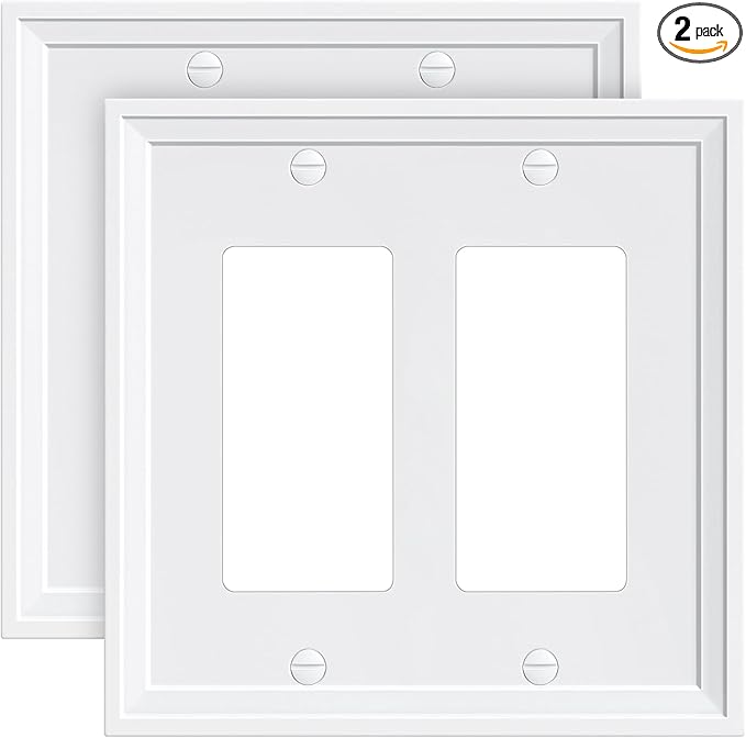 2-Pack Double Decorator Outlet Cover Plate, White Decorative Switch Plates and Outlet Covers, Natural Bamboo Fiber Wall Plates for Electrical Outlets, Receptacle, GFCI Outlet, Dimmer Switch