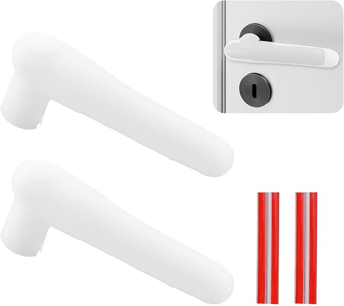 Door Handle Covers, 2Pcs Transparent White Silicone Door Handle Glove Covers Door Knob Covers Anti-Slip Door Lever Protectors with Anti-Collision Adhesive Strip for Flat Square Door Levers