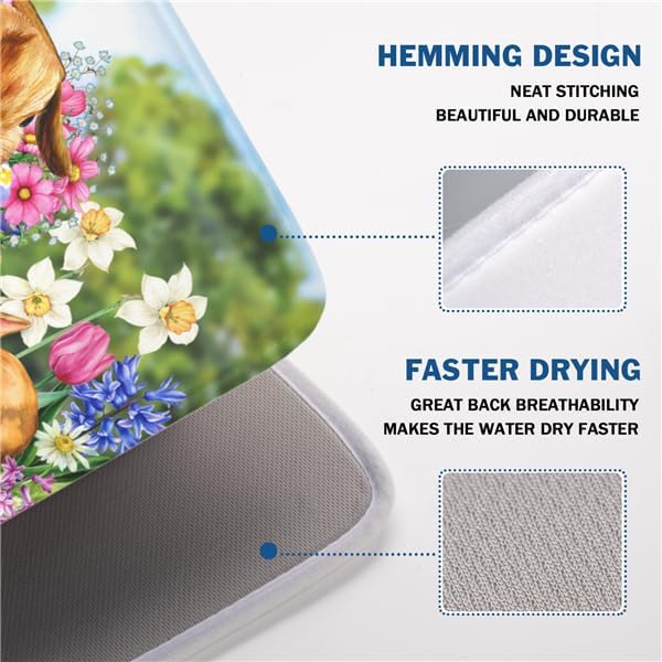 Easter Bunnies Eggs Dish Drying Mat for Kitchen Counter,Spring Colorful Flowers Drying Mat 18 x 24 Inch with High Absorbent Microfiber Drainer Mat for Coffee Bar