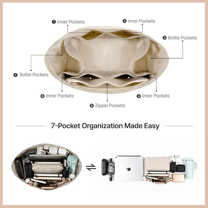 Waterproof Premium Nylon Purse Organizer Insert for Longchamp Le Pliage Tote Bag (Beige, Large)