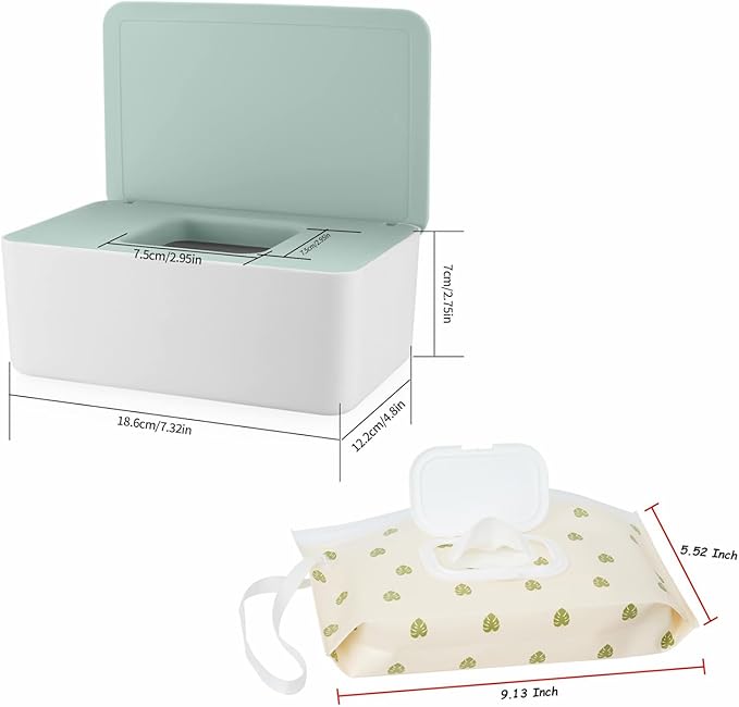 Wipes Dispenser with 2Pcs Portable Refillable Wipe Holder,Reusable Large Wipe Holder Box Flushable Wipes Case Bathroom Wipes Container for Pet Nursery Kitchen Office Counter(White-Green)