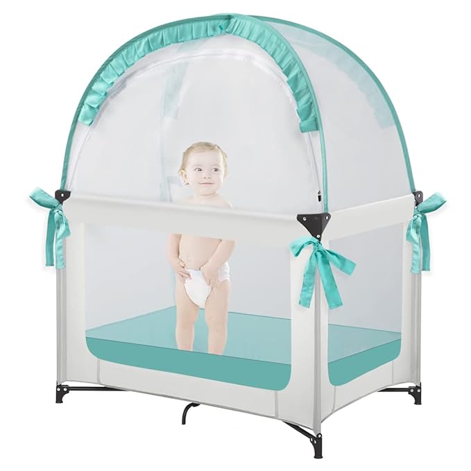L RUNNZER Baby Pack and Play Tent, Canopy to Keep Baby from Climbing Out, Mini Crib Tent Against Falls, R07s-blue