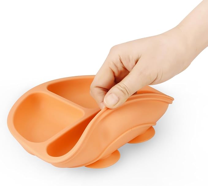 PandaEar 3 Pack Toddler Plates, Silicone Divided Suction Plate for Babies, BPA-Free 100% Food-Grade Silicone Unbreakable Baby Plate (Orange)
