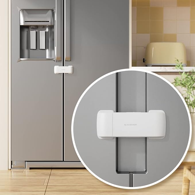 EUDEMON Updated French Fridge Lock French Door Refrigerator/Freezer Lock Apply to Max 2.28"(58mm) Two Door Gap Distance,Cabinet Cupboard Lock for Kids & Babies,Easy to Install(1Pack,White)