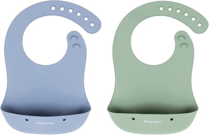 Bazzle Baby Silicone Bibs with Food Catcher - Rolls Up and Button closed for easy travel and storage Waterproof 2-Pk