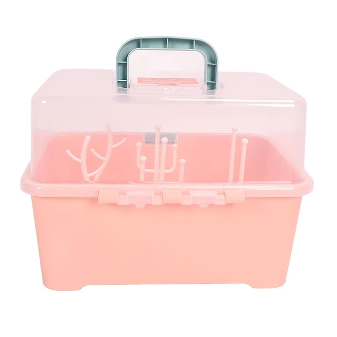 Baby Bottle Drying Storage Box, Removable PP Cover Portable Keep Dry Dust Proof 360° Seal Design Baby Bottle Drying Rack Container for Home for Baby (Implicit Pink)