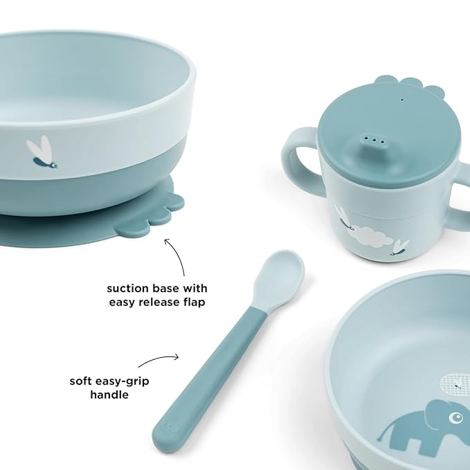 Done by Deer Foodie First Meal Set with Suction Base – Elphee – Blue – 3-Piece Baby Feeding Set with Bowl, Spout Cup & Spoon – Elephant Motif – Microwave & Dishwasher Safe