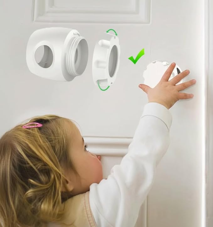Child Proof Door Knob Covers (4 Pack), Dual-Lock Baby Safety Locks for Toddlers, Easy Install, Durable & Non-Toxic, Fits Standard Round Knobs