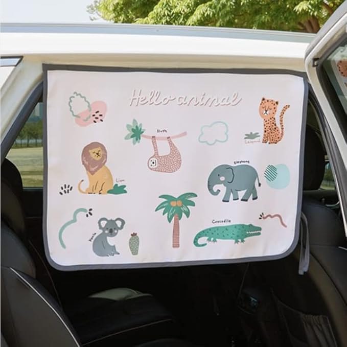 BEBEDECO Magnetic Car Sun Shade Curtain for Side Window – Sun Blocker and UV Protector for Baby, Kids, and Pets – Universal Fit with Built-in Magnets for Steel-Framed Door (Animal Friends)