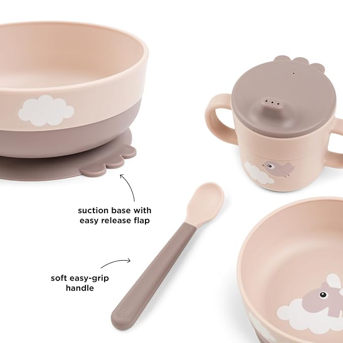 Done by Deer Foodie First Meal Set with Suction Base – Bowl, 2-Handle Spout Cup & Spoon – Happy Clouds Design in Powder – Baby Feeding Set for New Eaters – Dishwasher & Microwave Safe
