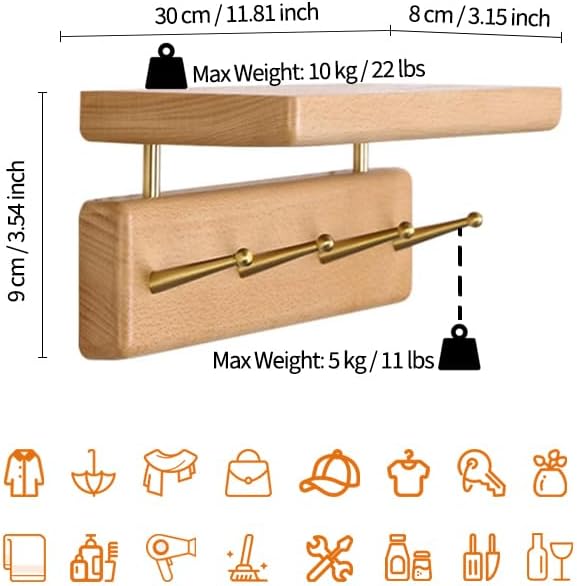 Mayhas Solid Wood Shelf with Hooks, 12 inch Coat Rack Wall Mount, Shelves with 4 Brass Hooks for Hanging in Entryway, Living Room, Bathroom, Bedroom, Kitchen(Beechwood)