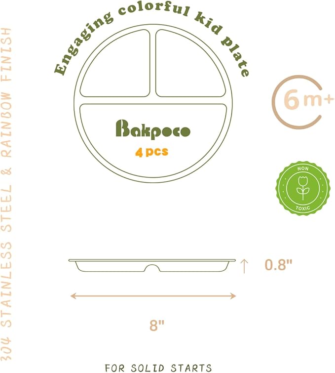 Bakpoco Stainless Steel Kids Plates 4 Packs, 8" Divided Toddlers Portion Control Plate, Non Toxic & BPA Free |Unbreakable |Dishwasher Safe Baby Snack Dish for Daycare, Colorful Meal Time Chums