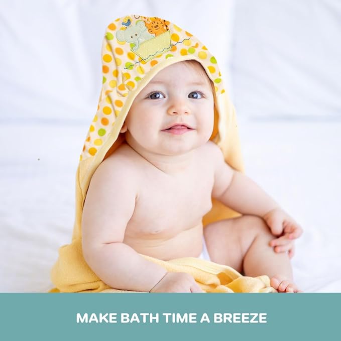 Spasilk Hooded Bath Towel and Washcloths Set for Newborns, 1 Soft Terry Baby Towel and 3 Baby Washcloths, Baby Essentials, Ideal, One Size, Yellow Ark