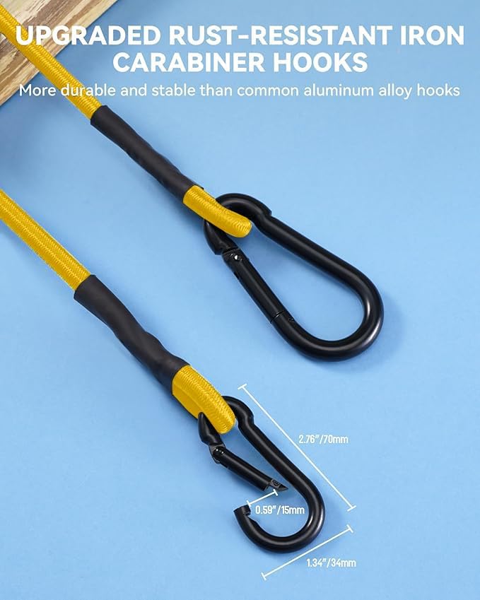 8 Pack 72 Inch Heavy Duty Bungee Cords with Carabiner Hooks, 190 lbs Max Strength Bungee Straps for Cargo, Bike, Cart, Roof Rack, Truck, Tent, Camping, Motorcycle, Outdoor Storage and More, Yellow