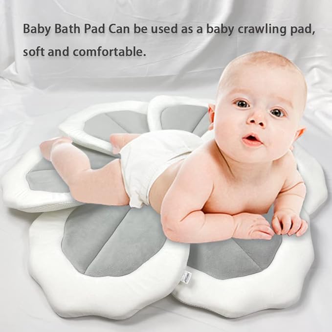 Baby Bath Pad for Infants & Newborns — Soft Petal Shape Bathtub & Sink Support Mat, Plush Washable Baby Bath Cushion, Safe & Comfortable Shower Essential Gift (31", Gray)