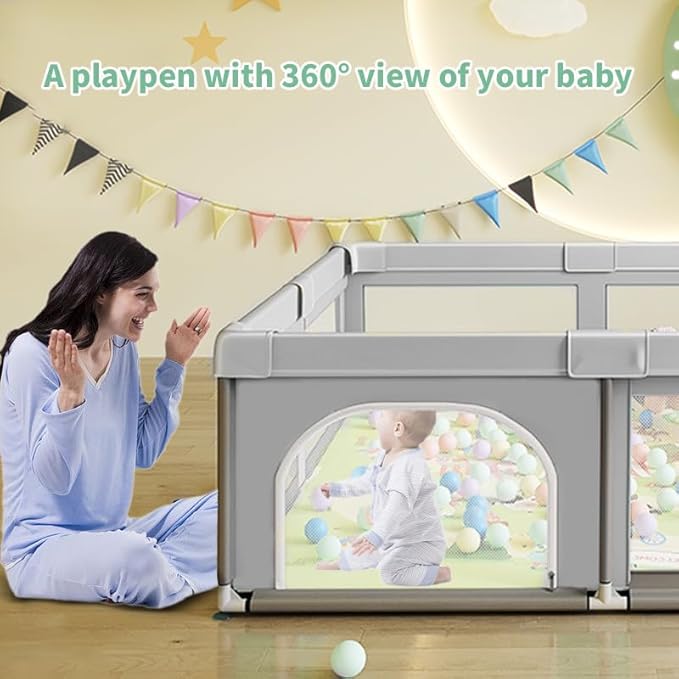 Large Baby Playpen,59" x 71" Baby Playard for Babies and Toddlers, babyFence Play Pens for Indoor & Outdoor, Sturdy Safety Play Yard with Soft Breathable Mesh, Anti-Fall (Grey)