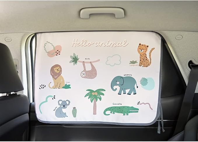 BEBEDECO Magnetic Car Sun Shade Curtain for Side Window – Sun Blocker and UV Protector for Baby, Kids, and Pets – Universal Fit with Built-in Magnets for Steel-Framed Door (Animal Friends)