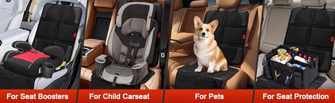 Car Seat Protector with Thick Padding + XL Large Car Seat Cover for Child Car seat, Eco Friendly Waterproof & Durable Fabric + 2 Storage Pockets Protect Fabric or Leather Seats 2Pack (Brown)