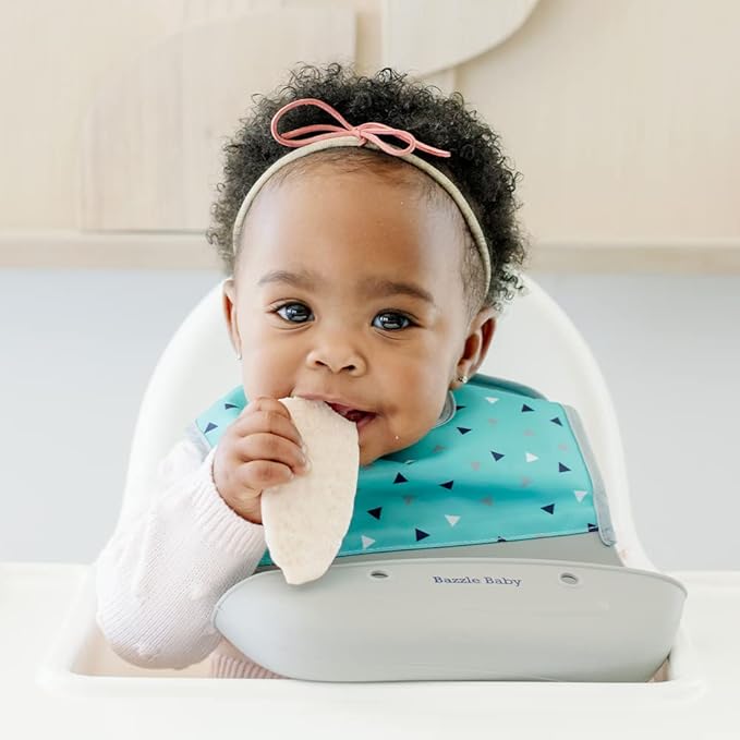Bazzle Baby Silicone Bibs with Food Catcher - Rolls Up and Button closed for easy travel and storage Waterproof 2-Pk