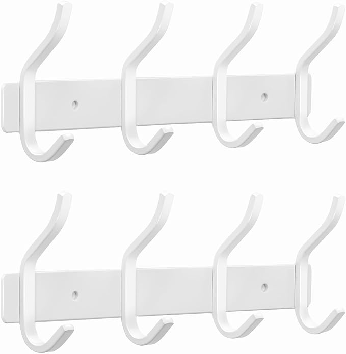 HAMUTH White Wall Hooks Heavy Duty, 12 Inch Coat Hooks Wall Mount with 4 Hooks, 2 Packs Wall Hooks Hangers for Entryway, Bathroom - for Hanging Backpack, Bag, Coat, Purse, Hat, Towel, Clothes