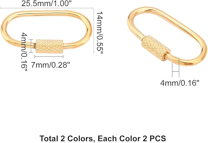 UNICRAFTALE 4pcs 2 Colors 1 Inch Oval Screw Carabiner Stainless Steel Lock Clasps Rings Small Metal Split Key Chain Connector for Necklace Bracelet Jewelry Making