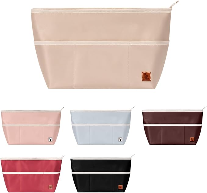 SDANG Purse Organizer Insert with Zipper – Pink Handbag & Tote Bag Organizer | Bag-in-Bag Insert with Pockets for Purses, Totes & Travel(Beige,Medium 28)