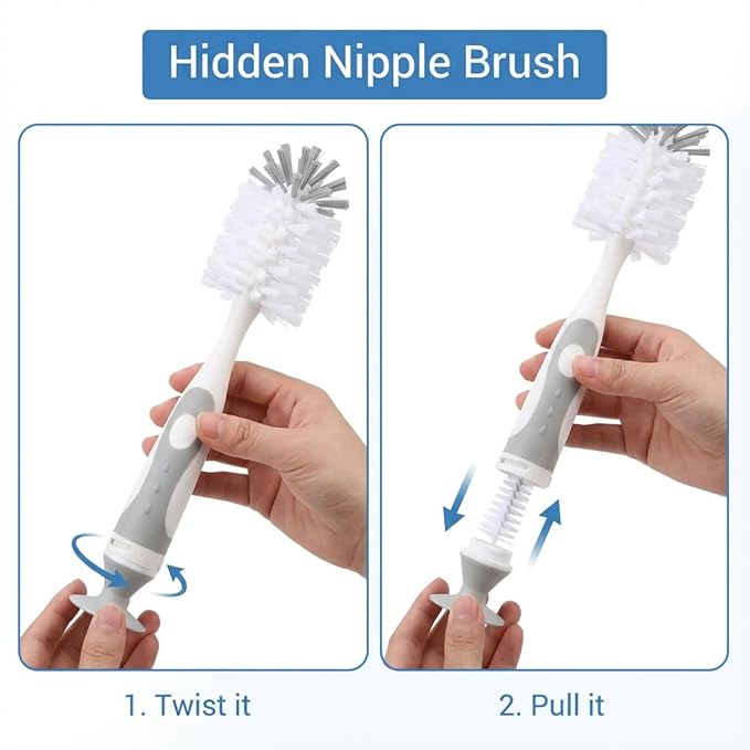 Ariseno 4-in-1 Baby Bottle Brush Set - Including Brushes for Bottles, Straws, Caps, & Nipples - BPA-Free (Grey)