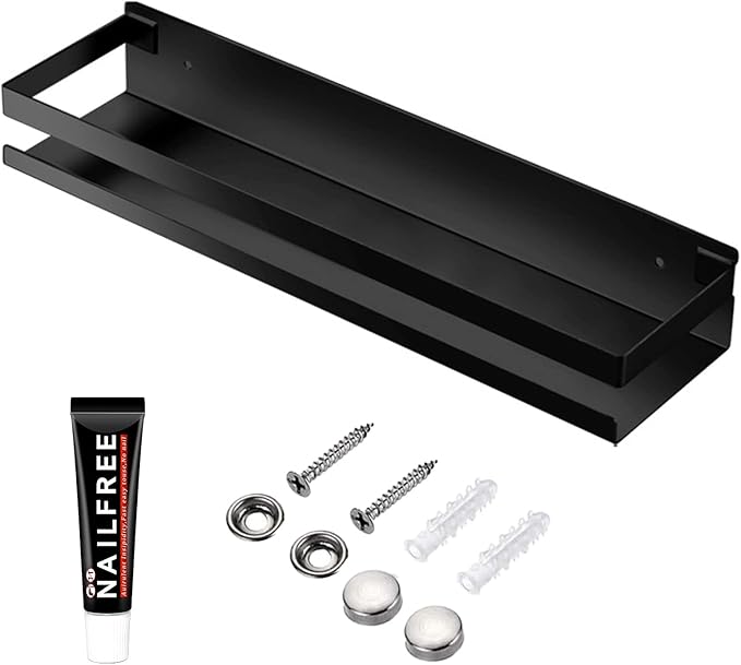 GEINIFAFA Rustproof Metal Storage Floating Shelves Wall Mounted Rectangular Shelf for Bedroom,Bathroom, Living Room, Kitchen, and Laundry Room,Nail-Free Wall-Mounted Shelves（15.75 Inch Black）