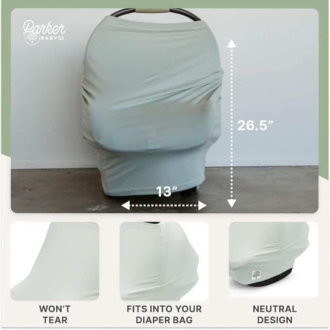 Parker Baby 4 in 1 Car Seat Cover for Girls and Boys - Stretchy Carseat Canopy, Nursing Cover, Grocery Cart Cover, High Chair Cover - Sage