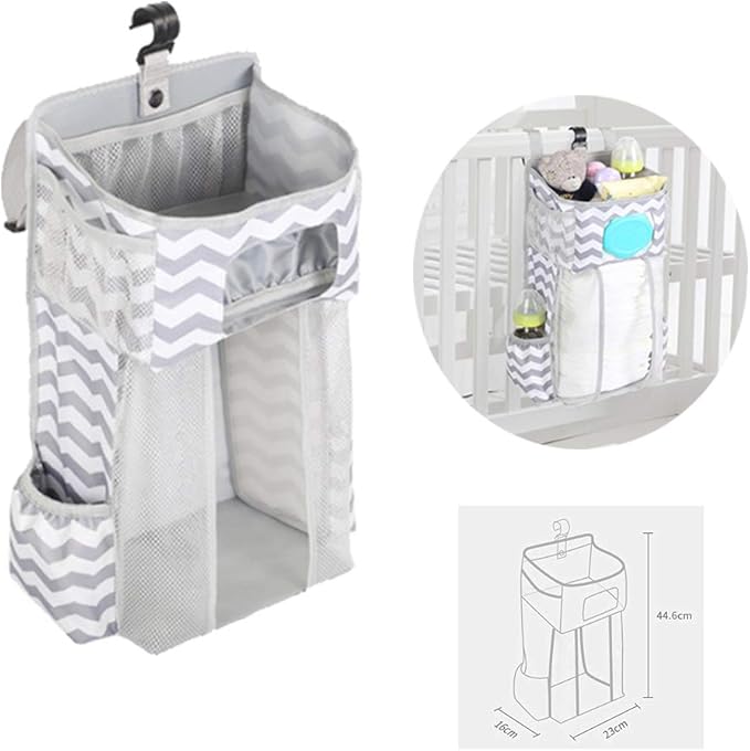 Hanging Diaper Caddy, Baby Bed Hanging Organizer, Nursery Organization Baby Diaper Holder, Diaper Stacker Storage for Crib, Playard, Changing Table or Wall (Gray&White)